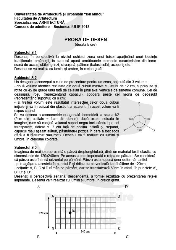 Admitere Arhitectură Mincu 2018 — planșa 1