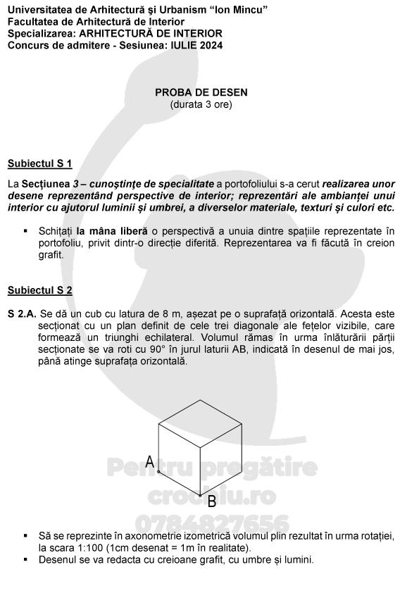 Subiect admitere Arhitectură de Interior UAUIM 2024 — planșa 1