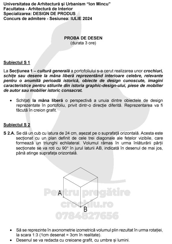 Subiect admitere Design de Produs UAUIM 2024 — planșa 1