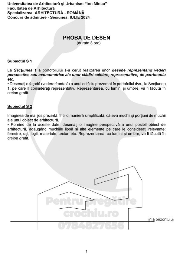 Subiect admitere Arhitectură UAUIM 2024 — planșa 1