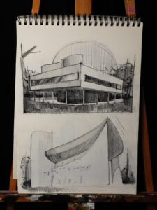 Le Corbusier – studiu de istoria arhitecturii în creion, perspectivă modernistă