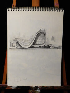 Zaha Hadid – studiu de istoria arhitecturii moderne, perspectivă curbilinie în creion